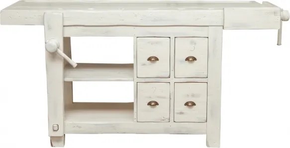 Banc de tamplar, L184 74 H92 cm, 4 sertare, alb antic, lemn masiv