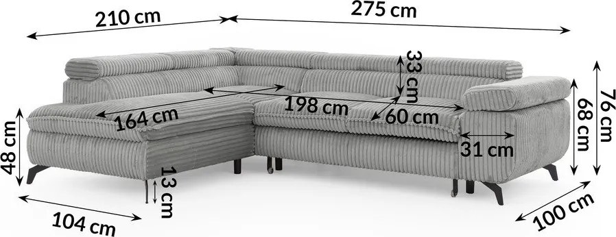 Colțar gri deschis cu tapițerie din catifea reiată (cu colț pe partea stângă/în formă de ”L”) Marbeya – Ropez