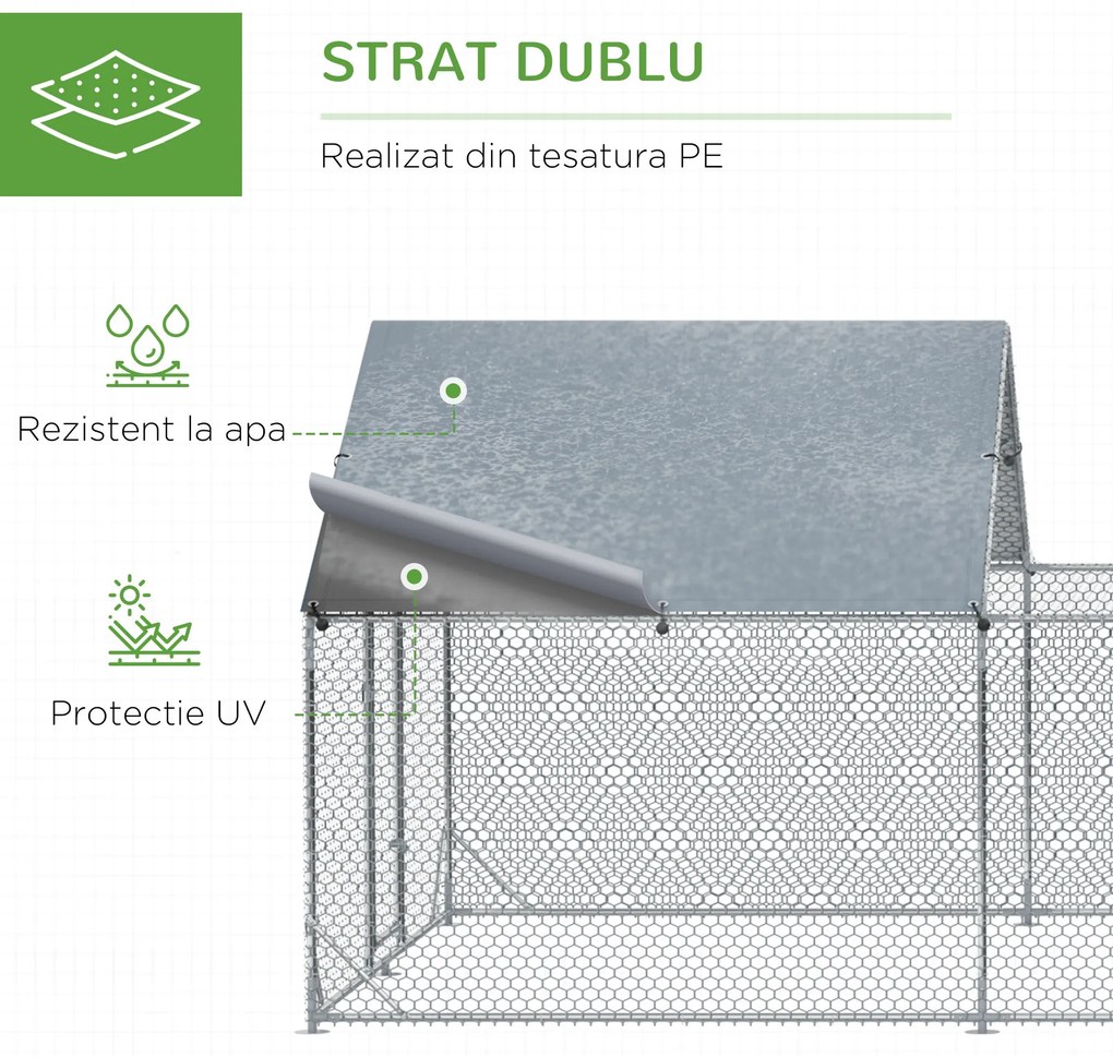 PawHut Cotet pentru Găini în Grădină, Capacitate 15-18 Găini, Oțel Zincat, PE, Copertină, Incuietoare, 600x300x195 cm, Gri Argintiu | Aosom Romania