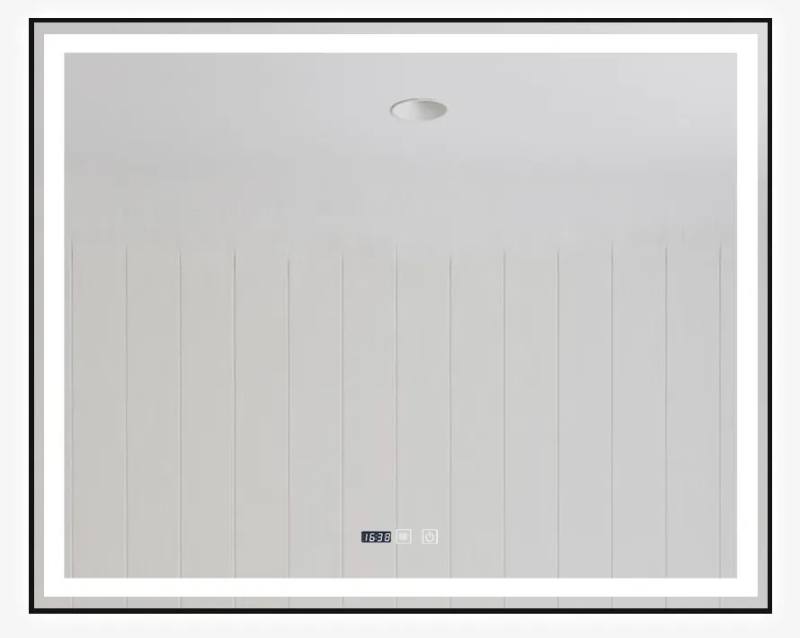 Oglindă Baie LED și Dezaburire Elit's Premium cu Senzor Touch, Lumina Rece, Caldă și Neutră, 120x80 cm, cu rama Negru Antichizat, Ceas