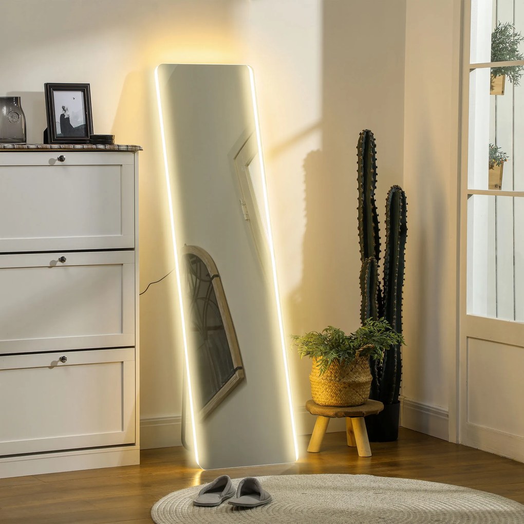 HOMCOM Oglindă întreagă cu LED-uri, control tactil, reglabil, fără ramă, 40 x 150 cm | Aosom Romania