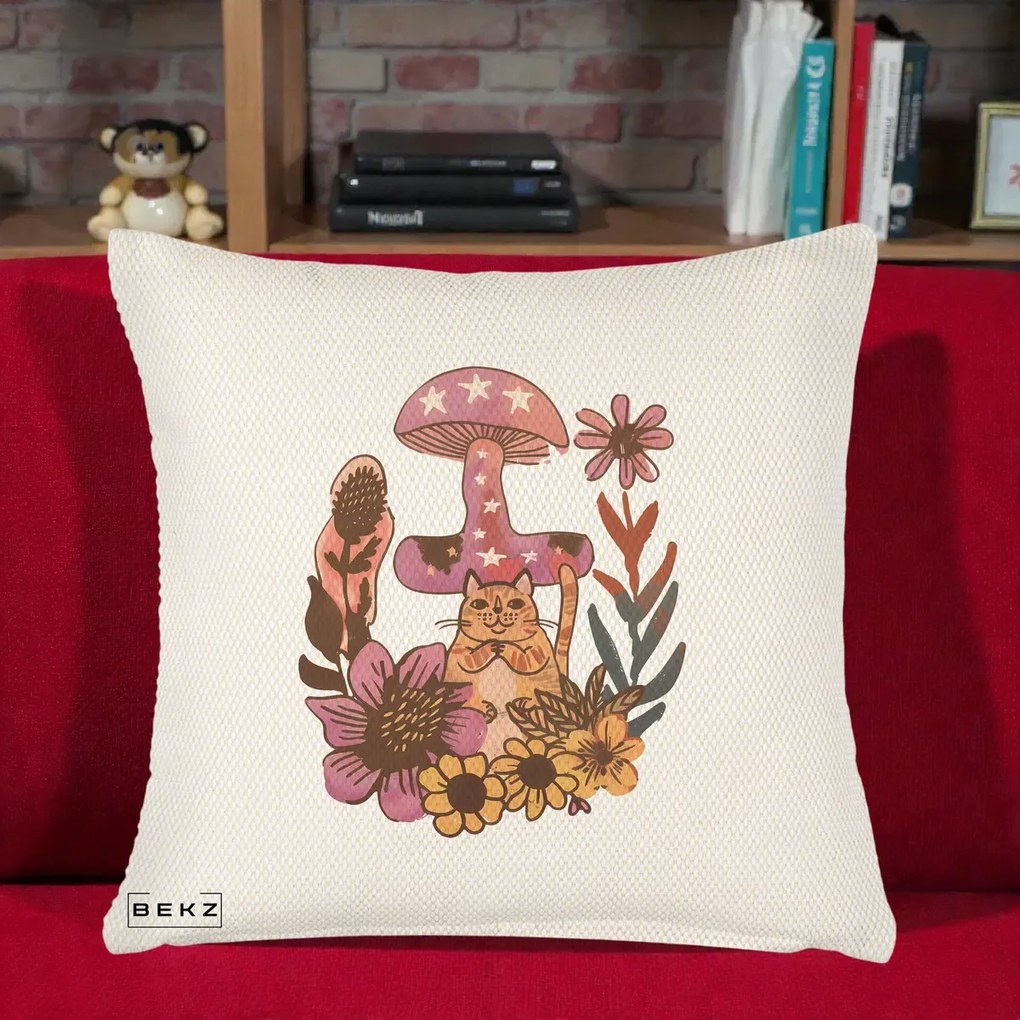Perna Decorativa Ciuperca Pisica Boho, 40x40 cm, Crem Reliefat, Husa Detasabila, Perna Inclusa, BEKZ®
