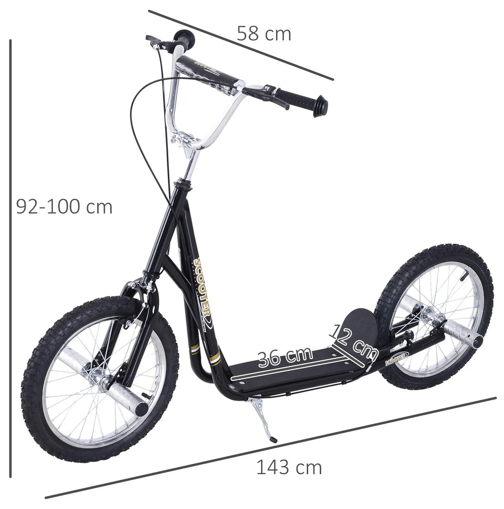 HOMCOM Trotinetă pentru Copii 5+, Roți Mari de 16", Înălțime Reglabilă, Frâne și Suport, Negru | Aosom Romania