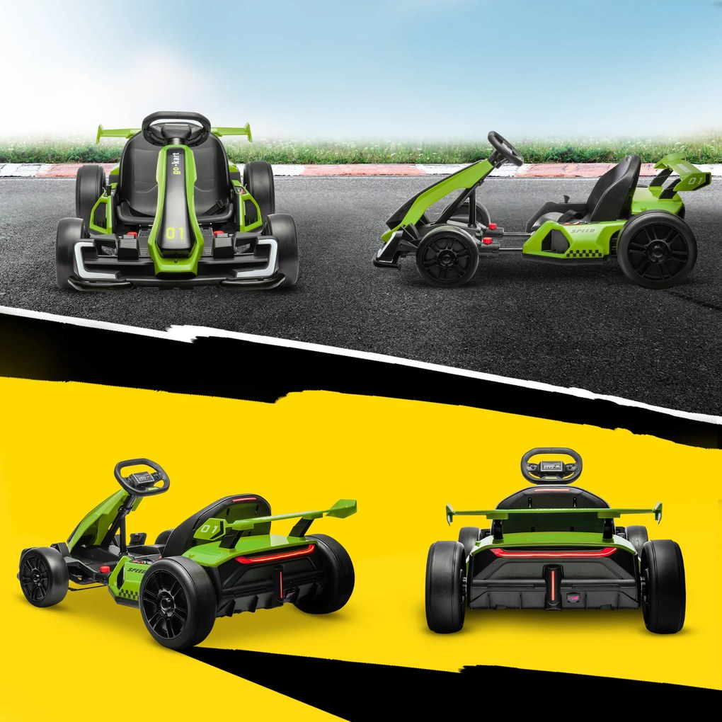 HOMCOM Go Kart Electric pentru Copii cu Scaun Reglabil, 2 Motoare, Claxon, Lumini și Muzică, 120x76x53,5 cm, Verde | Aosom Romania