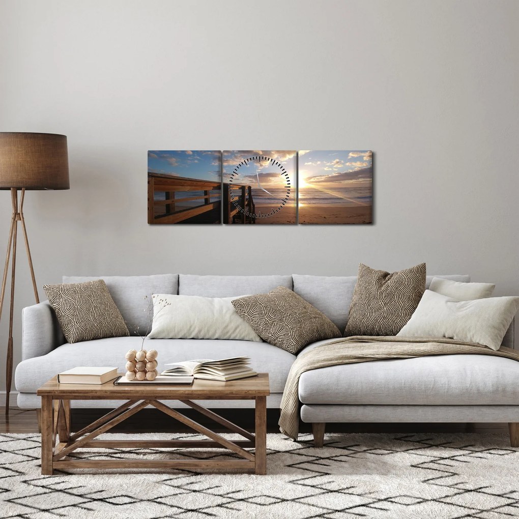 Tablou cu dig, plajă și mare (cu ceas) (90x30 cm)