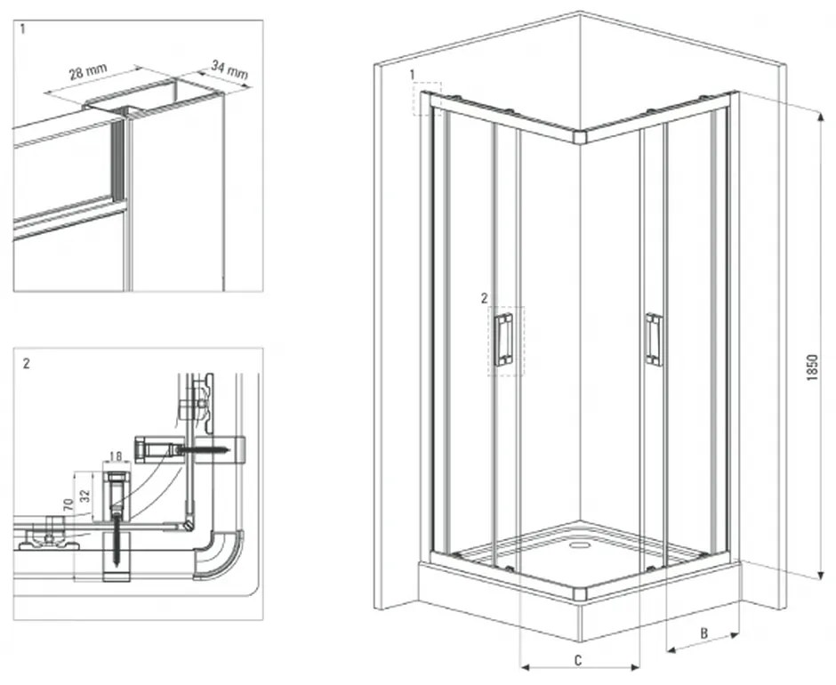 Set cabina dus neagra 80x80 cm cu baterie dus neagra termostatica Ferro