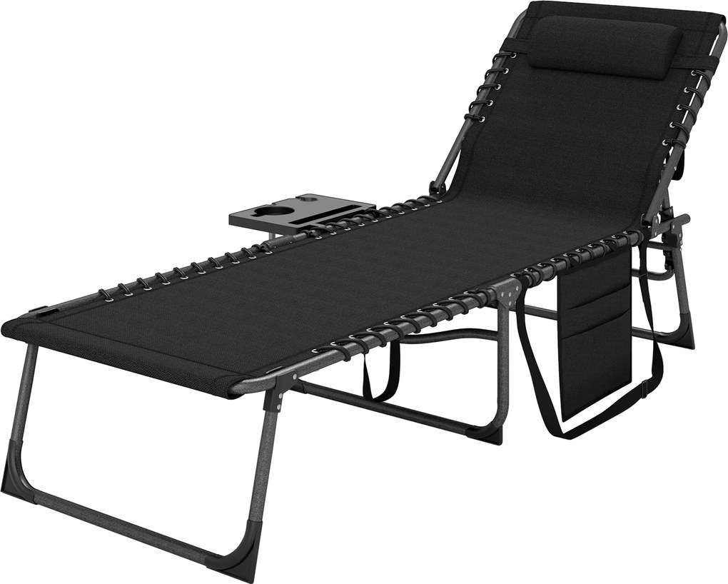 Outsunny Șezlong Pliant cu Spătar Reglabil Tetieră Buzunar Lateral Tavă și Structură din Oțel 190x60x31 cm Negru | Aosom Romania