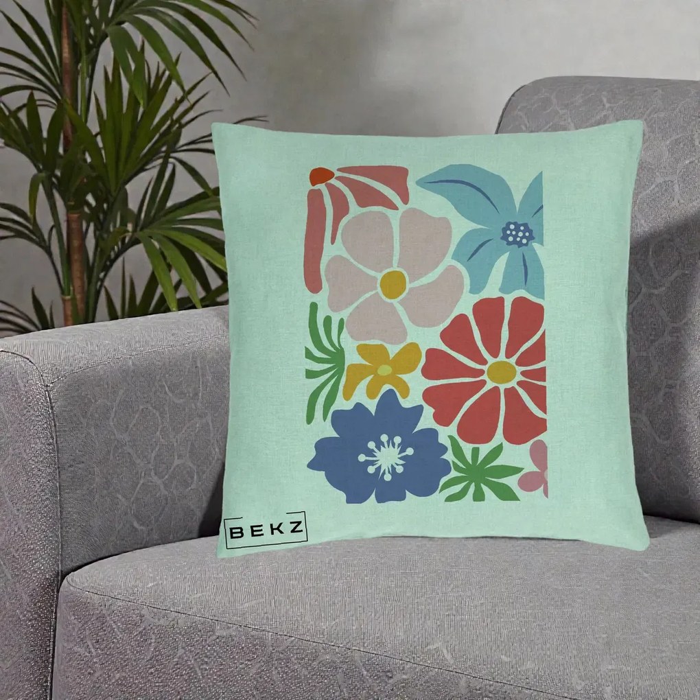 Perna Decorativa Flori Grafice Roz-Rosu-Albastru, 40x40 cm, Verde Menta, Husa Detasabila, Perna Inclusa, BEKZ®
