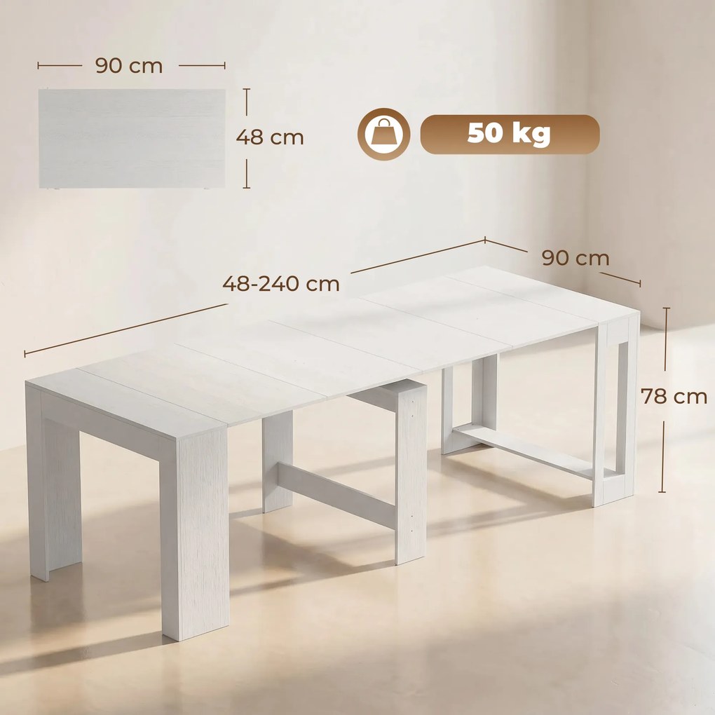 HOMCOM Masă Extensibilă Convertibilă în Consolă pentru 10 Persoane, PAL, Oțel, 240 x 90 x 78 cm, Alb | Aosom Romania