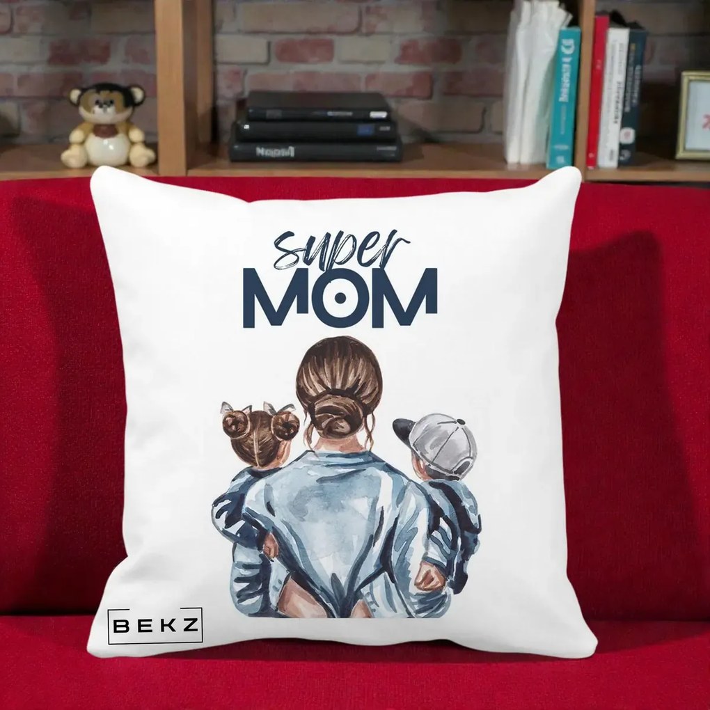 Cadou pentru Mama - Perna Personalizata Super Mom, 40x40 cm, Alba Mata, Husa Detasabila, Perna Inclusa, BEKZ®