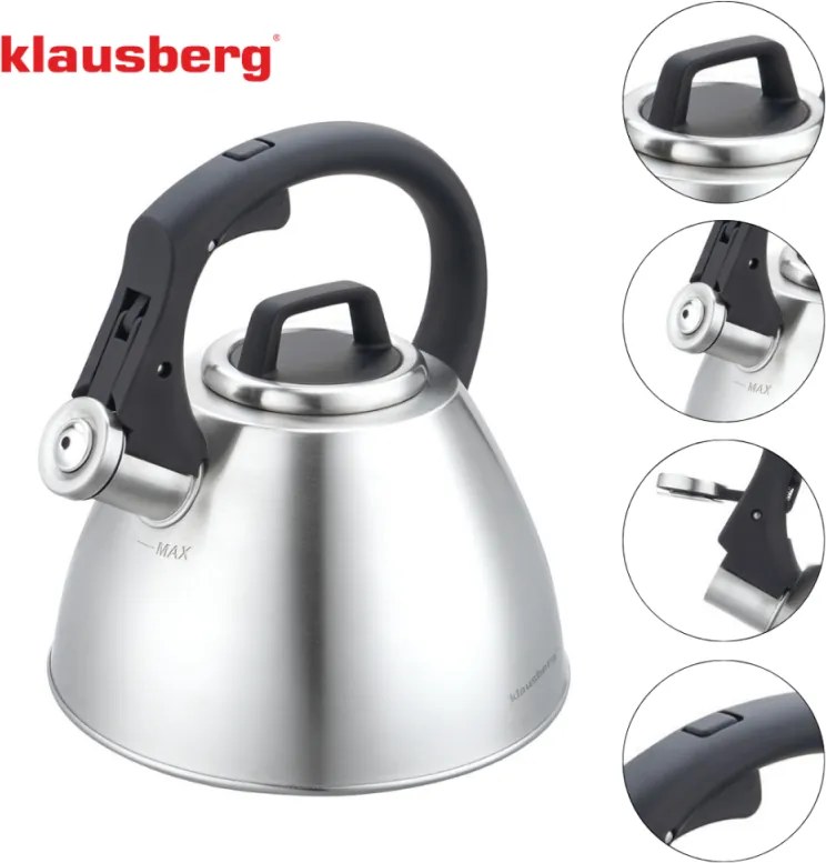 Fierbător fluierător Klausberg KB 7951, 2.5 l, Oțel inoxidabil, Mâner termoizolant, Inducție, Onix mat