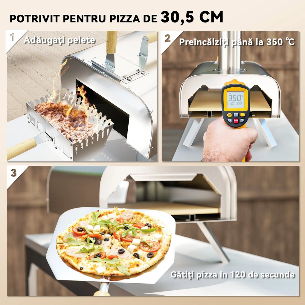 Outsunny Cuptor de Pizza cu Peleți din Lemn, Piatră Refractară și Lopată, 79x36x75 cm, Argintiu | Aosom Romania