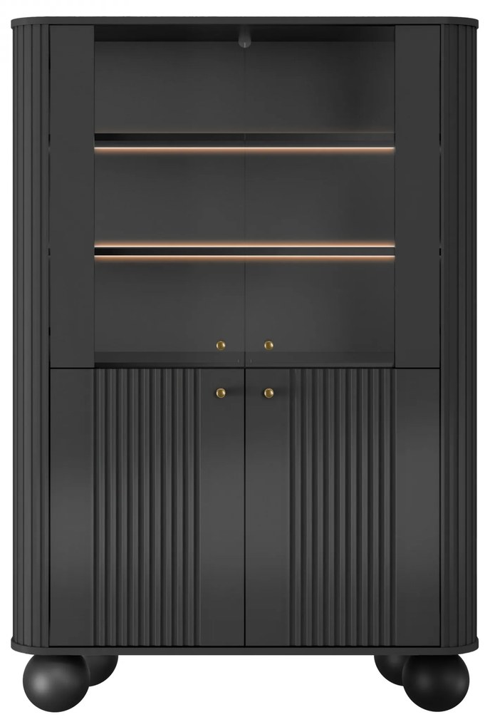 Vitrină Vesper 103 cm cu 4 uși - negru / mânere aurii / picioare sferice
