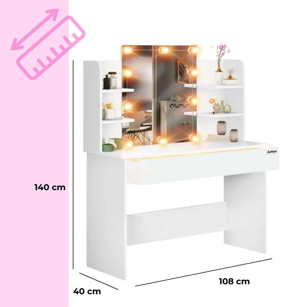 Masă de toaletă LUCIA cu iluminare, 108x40x140cm, alb Jurhan