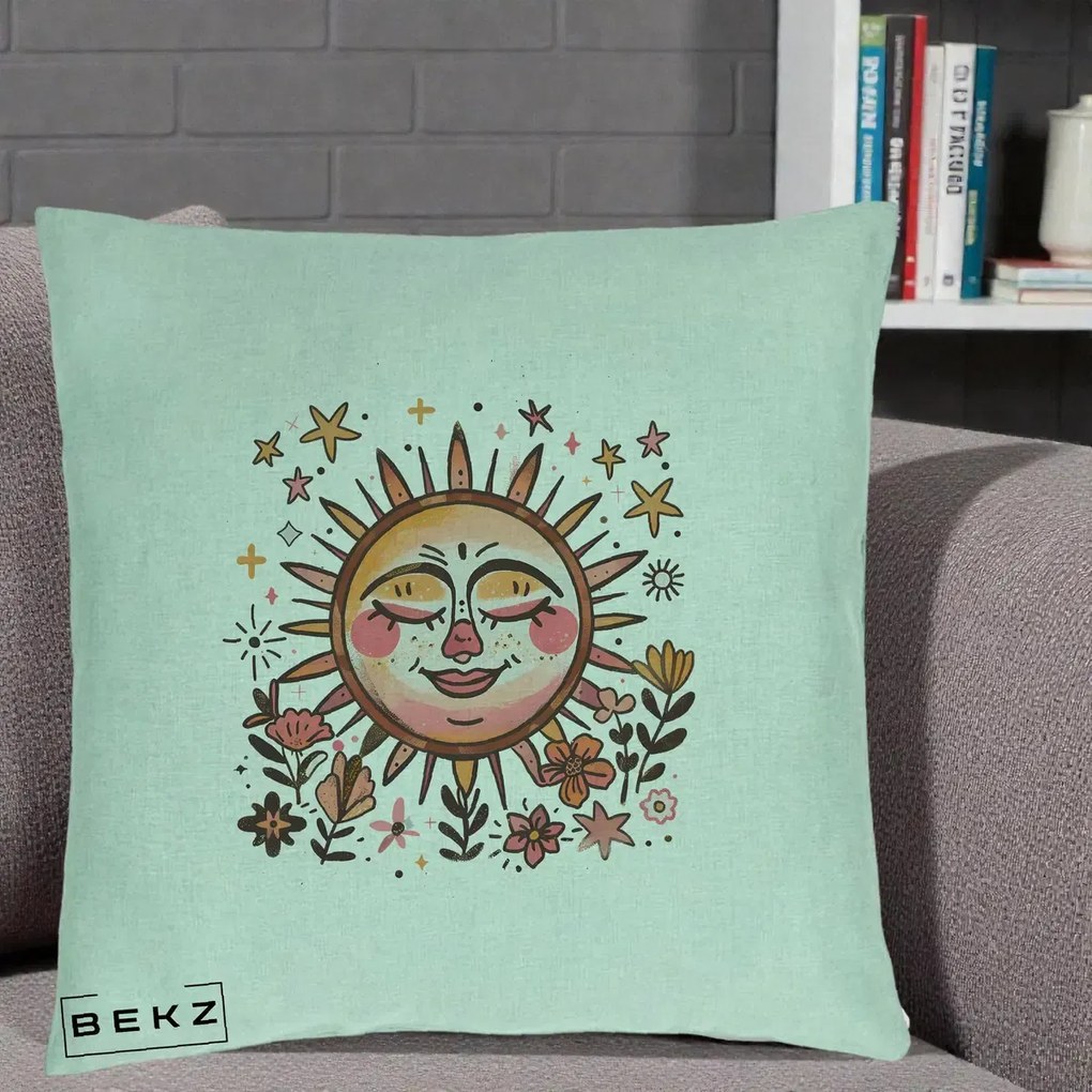Perna Decorativa Soare Retro Boho Floral, 40x40 cm, Verde Menta, Husa Detasabila, Perna Inclusa, BEKZ®