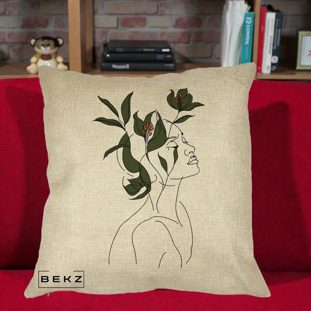 Perna Decorativa Portret Feminin Crin Verde, 40x40 cm, Crem, Husa Detasabila, Perna Inclusa, BEKZ®