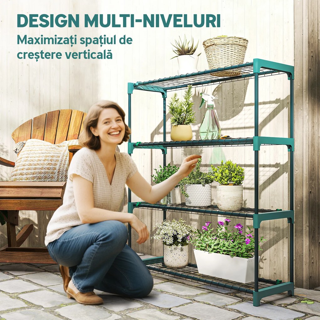 Outsunny Raft pentru Plante pe 4 Niveluri, Set de 2 Suporturi pentru Plante, din Oțel cu Catarame pentru Montaj Ușor, Expunere Ghivece Grădină și Balcon, 90x28x104 cm | Aosom Romania