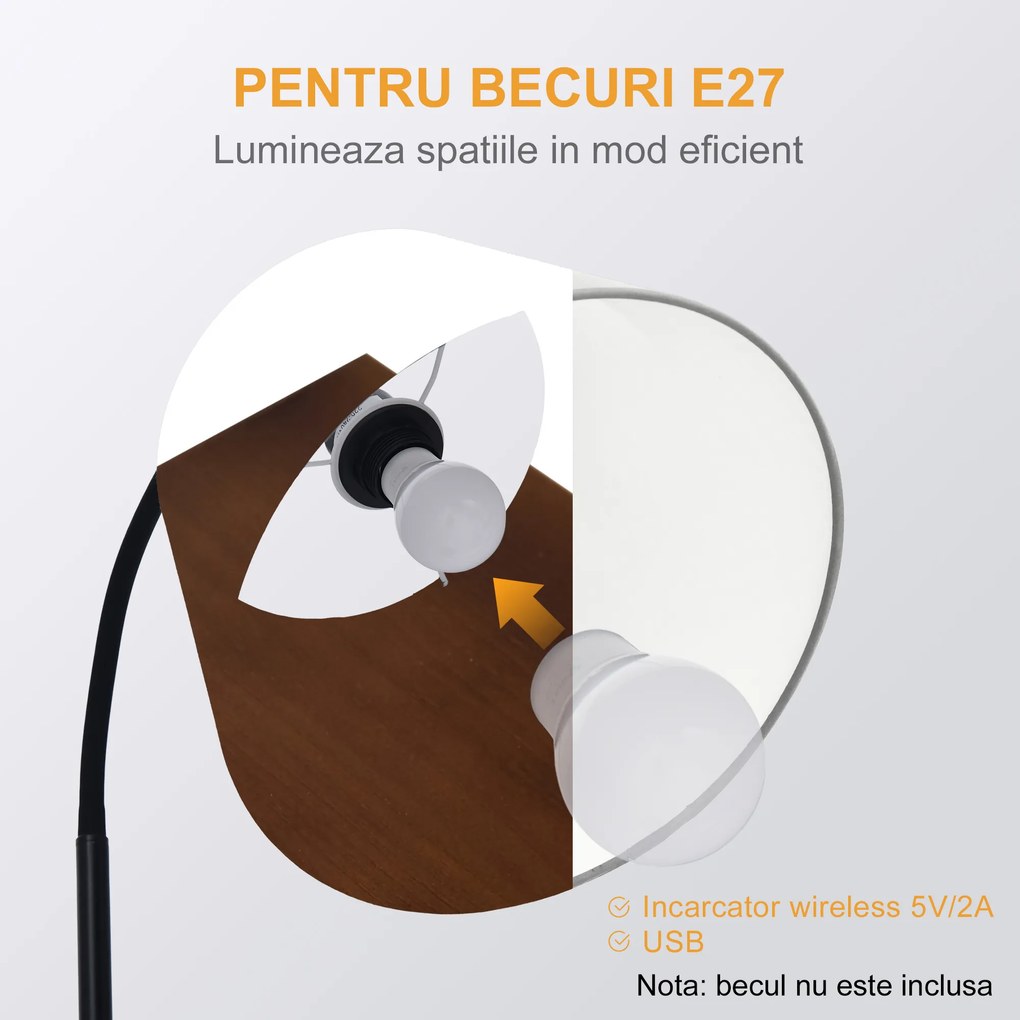 HOMCOM Lampă de Podea Modernă cu Înăcarcător Wireless, Abajur Reglabil și Etajeră Suplimentară, 36x36x165 cm, Negru | Aosom Romania