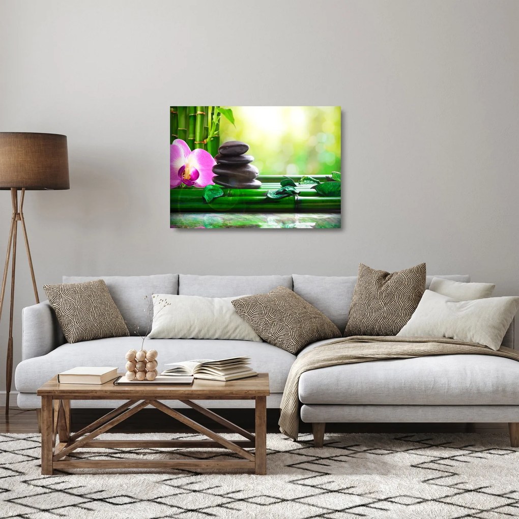 Tablou pe sticlă cu pietre pentru masaj și orhidee (70x50 cm)