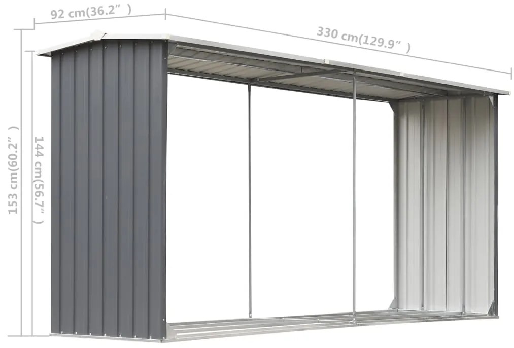 Sopron depozitare lemne, otel galvanizat, 330x92x153 cm, gri Gri