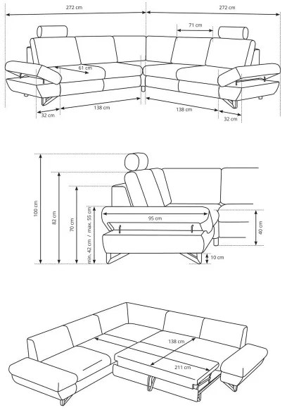Colțar extensibil tapițat AVESTA, cu spațiu de depozitare, în formă de L, antracit