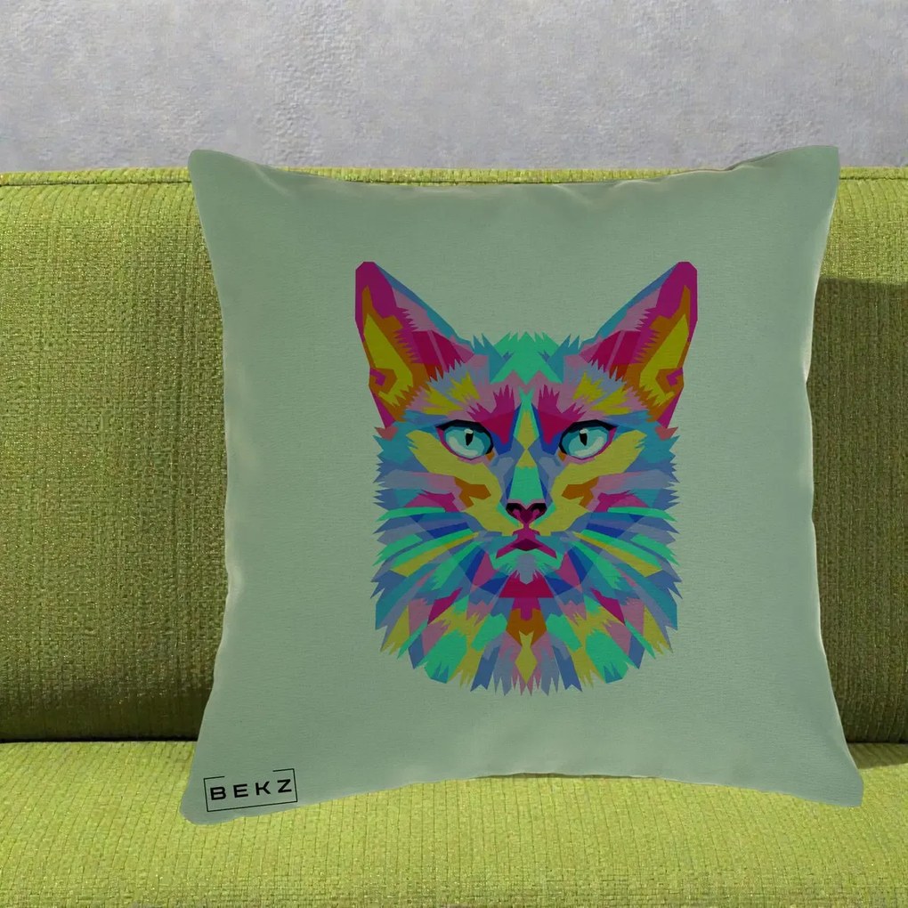 Perna Decorativa Pisica Pop Art Multicolor, 40x40 cm, Verde, Husa Detasabila, Perna Inclusa, BEKZ®