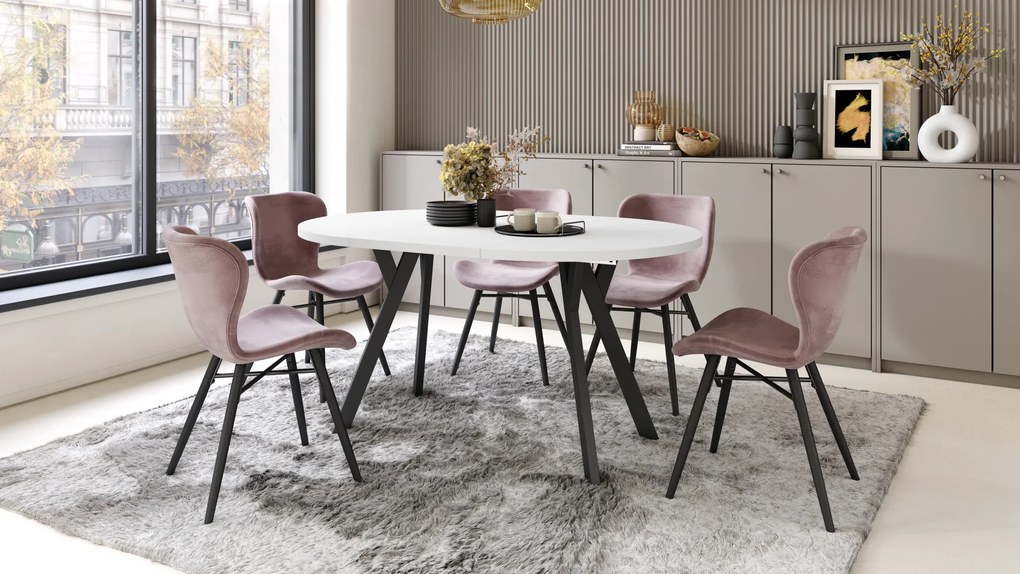 Mazzoni ALMO Alb Mat/picioare negre - MASĂ ROTUNDĂ EXTENSIBILĂ CU PICIOARE ÎN FORMĂ DE Y STIL LOFT PENTRU SALON/SUFRAGERIE