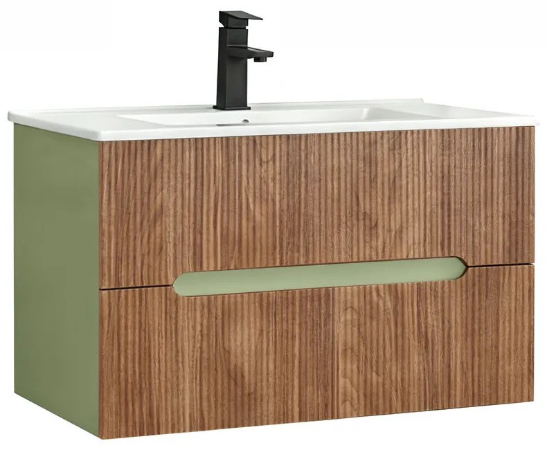 Trent 80 mobilă de baie inferioară cu chiuvetă ceramică (2 sertare) verde fistic - stejar apus de soare