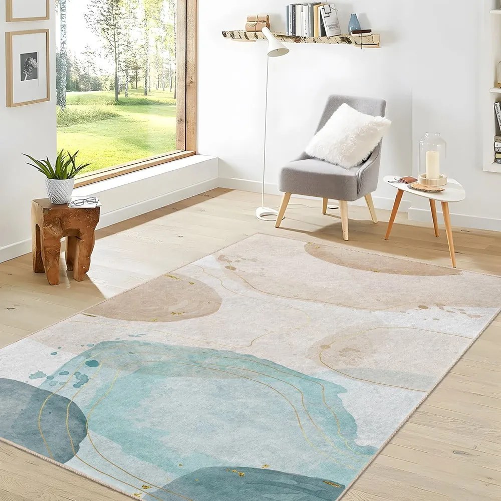 Covor tip traversă crem/turcoaz lavabil 80x200 cm Puddle – Mila Home