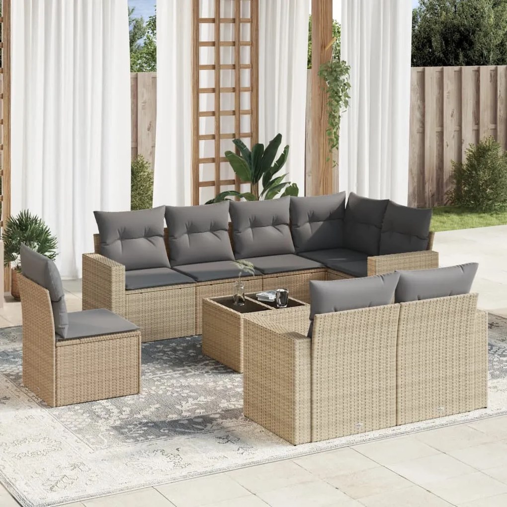 vidaXL Set canapele de grădină, 9 piese, cu perne, bej, poliratan