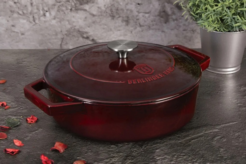 Cratiță din fontă emailată cu capac 26 cm, 2.5L – Berlinger Haus Burgundy Collection BH 6498, ideală pentru cuptor sau plită, gătit lent