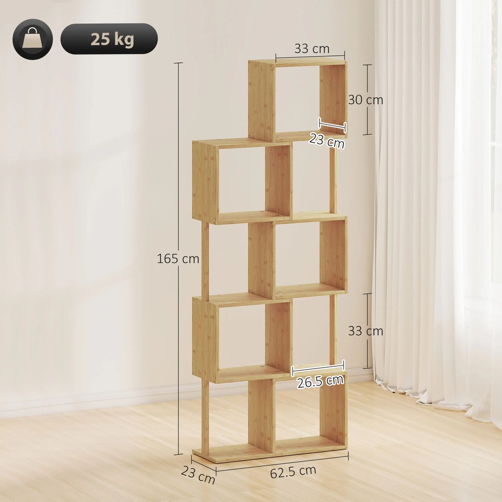 HOMCOM Librărie modernă și asimetrică cu 5 niveluri din bambus, 62.5 x 23 x 165 cm, lemn | Aosom Romania