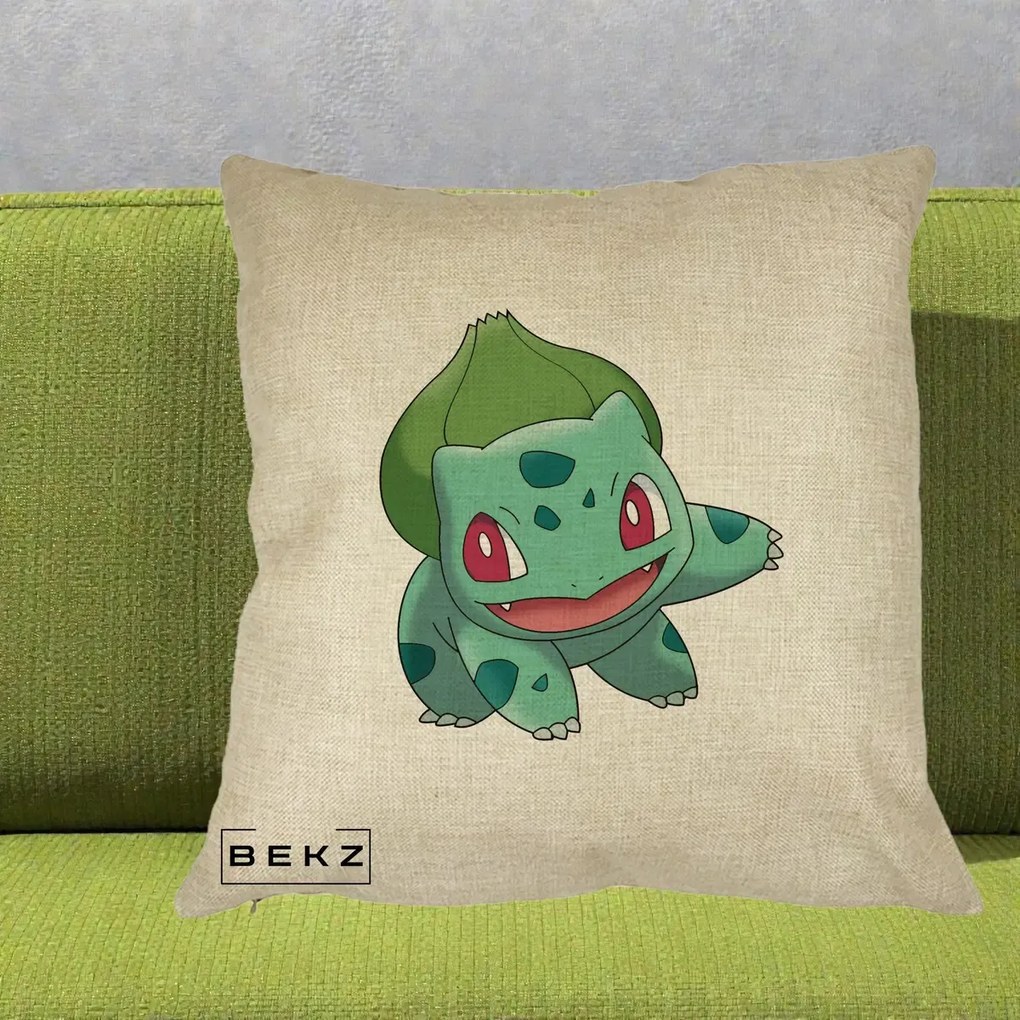 Perna Personalizata Bulbasaur Pokemon, 40x40 cm, Crem, Husa Detasabila, Perna Inclusa, BEKZ®