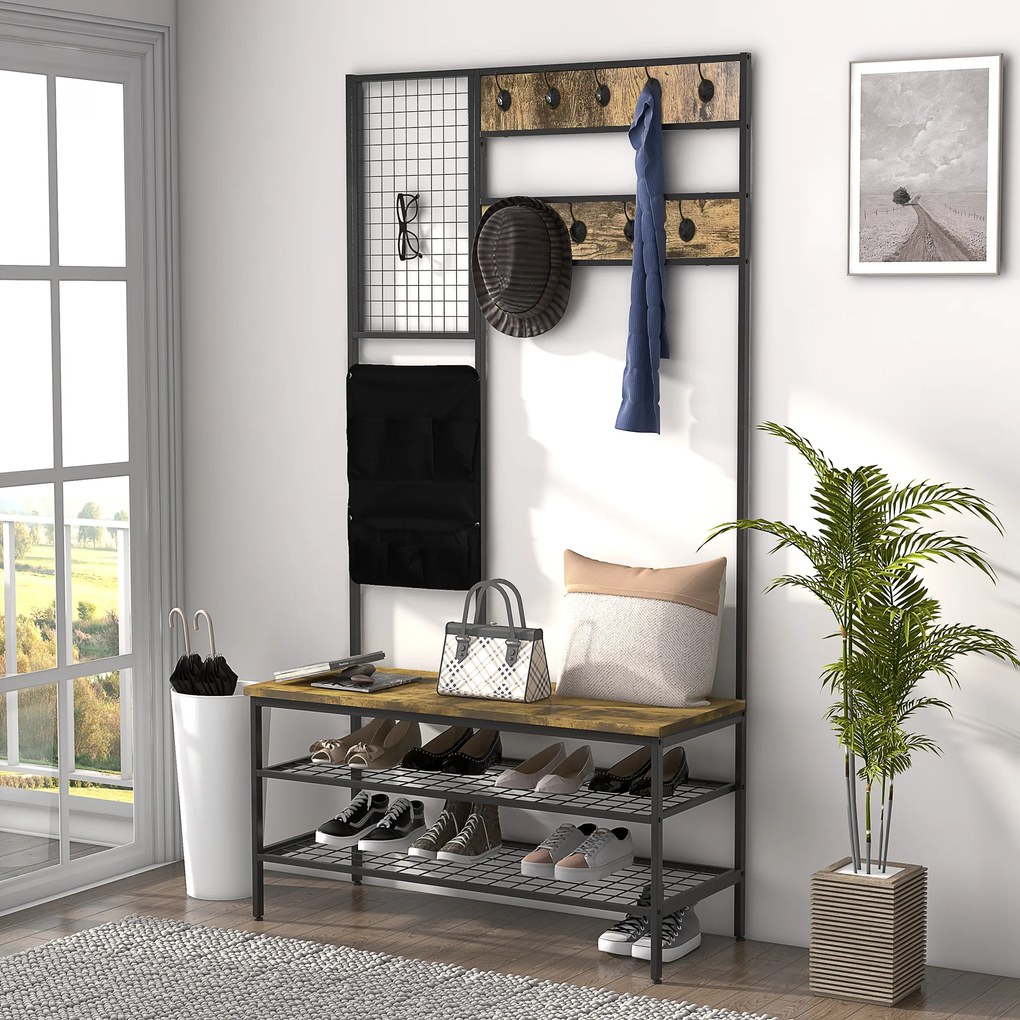 HOMCOM Garderobă în Design Industrial, 1 Tablă Mesaje, 1 Scaun, 8 Cârlige, 1 Geantă de Depozitare, Negru + Maro | Aosom Romania