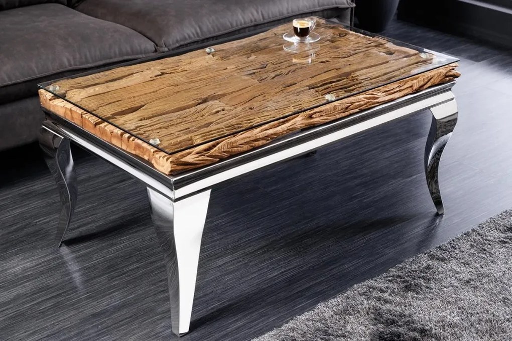 Masuta de cafea, Lemn de Tec, Sticla, Otel Crom, MODERN BAROCK BARRACUDA 100cm