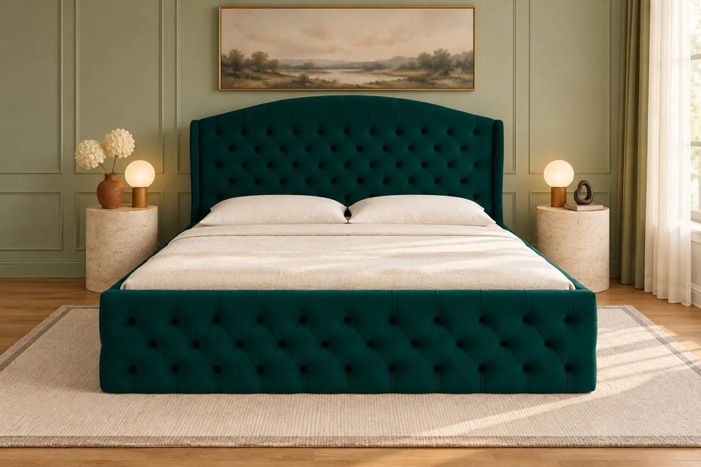 Pat tapițat Lunara Deluxe 160×200 cm, verde, cu ladă de depozitare