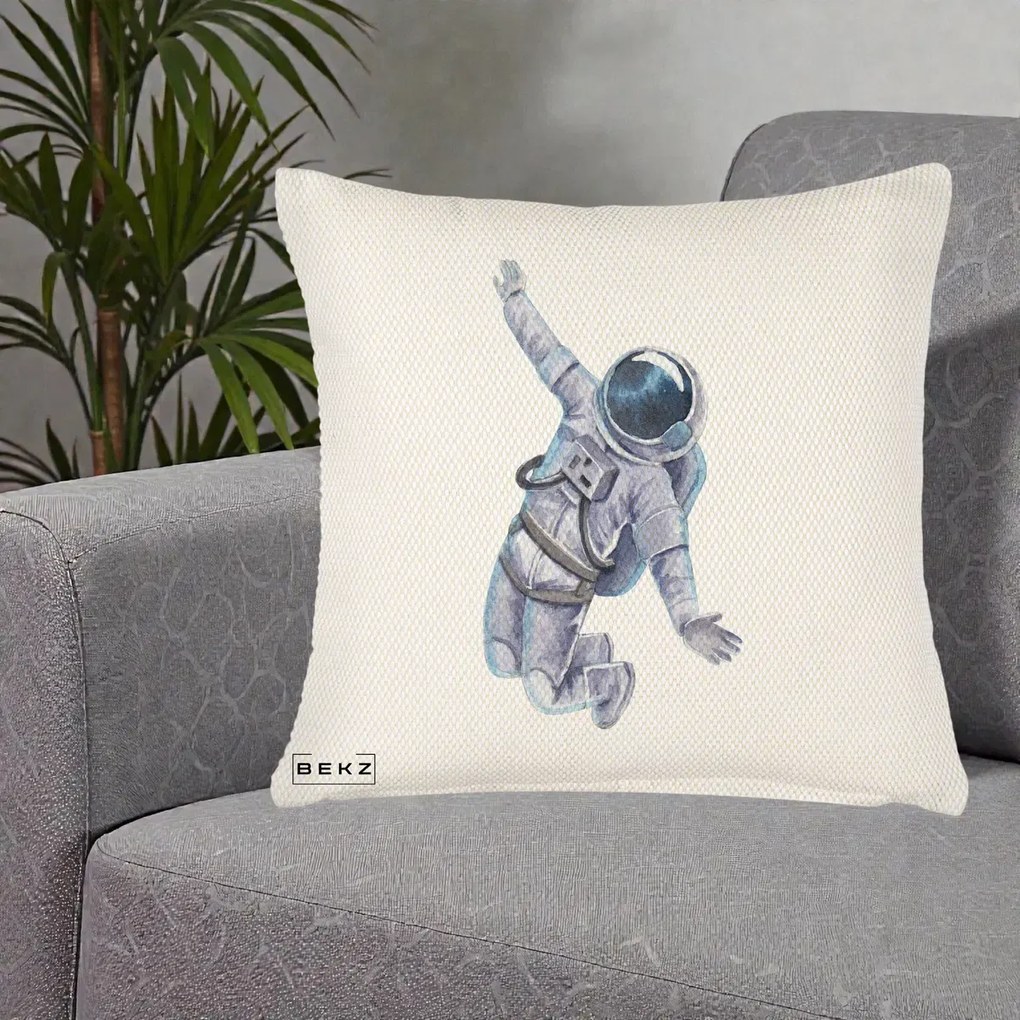 Perna Decorativa Astronaut Acuarela Zbor, 40x40 cm, Crem Reliefat, Husa Detasabila, Perna Inclusa, BEKZ®