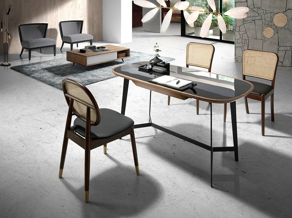 Scaun design LUX din lemn cu spatar de rattan Walnut AC 4094-WD1582