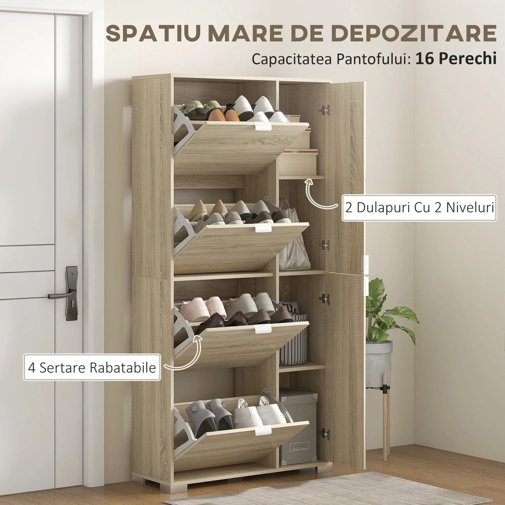 HOMCOM Etajeră pentru Pantofi cu Oglindă, 4 Sertare Rabatabile și 2 Dulapuri, 82x30x168 cm, Culoare Stejar | Aosom Romania