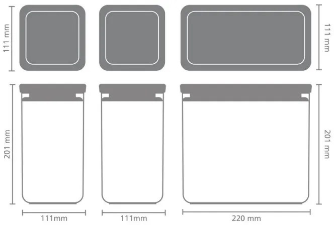 Cutii de depozitare Brabantia Tasty+ stivuibile 1008880, 2x1.6L+1x3.5L, Fara BPA, închidere strânsă, Gri deschis