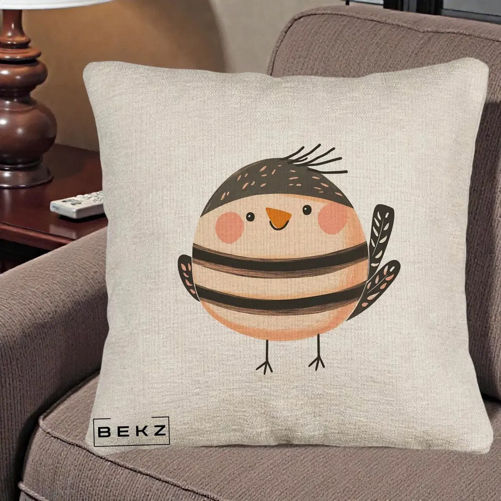 Perna Decorativa Pui Kawaii Bej-Negru Dungat, 40x40 cm, Bej Canapea, Husa Detasabila, Perna Inclusa, BEKZ®