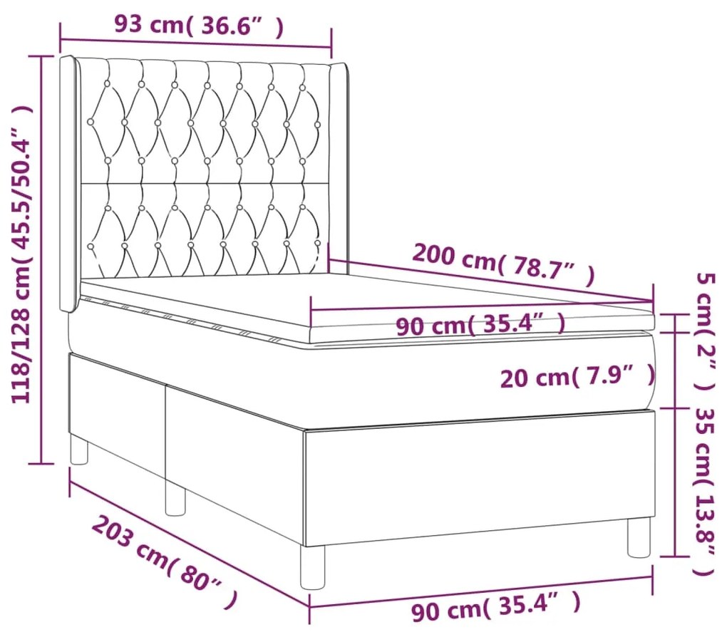 Pat box spring cu saltea, negru, 90x200 cm, catifea Negru, 90 x 200 cm, Design cu nasturi