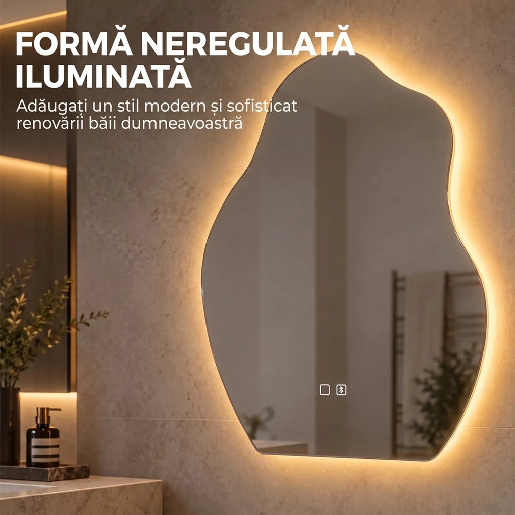 HOMCOM Oglindă baie LED 80 x 60 cm, 3 culori, design neregulat, Bluetooth, antiaburire, touch | Aosom Romania