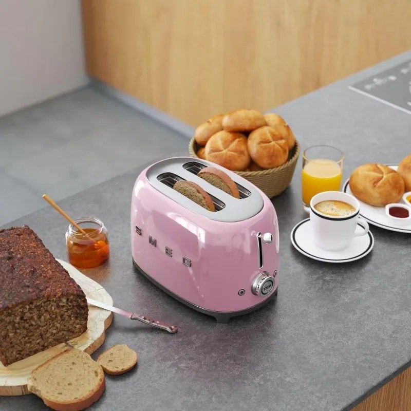 Prajitor de paine SMEG 50's Style TSF01PKEU, 950 W, 2 felii, 6 trepte, Tava pentru firimituri, Cablu integrat, Otel inoxidabil, Roz