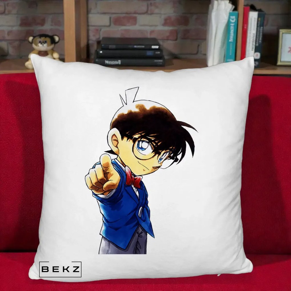 Perna Personalizata Detective Conan Conan Arata, 40x40 cm, Alb Pufos, Husa Detasabila, Perna Inclusa, BEKZ®