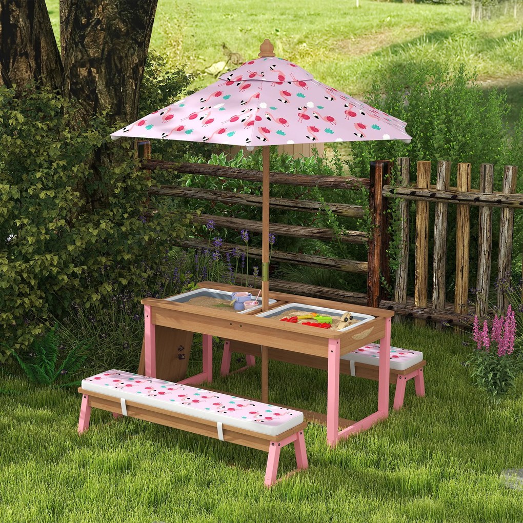 AIYAPLAY Masă de picnic pentru copii cu bănci, perne, umbrelă pliabilă, cutii de depozitare detașabile, model flamingo, roz | Aosom Romania