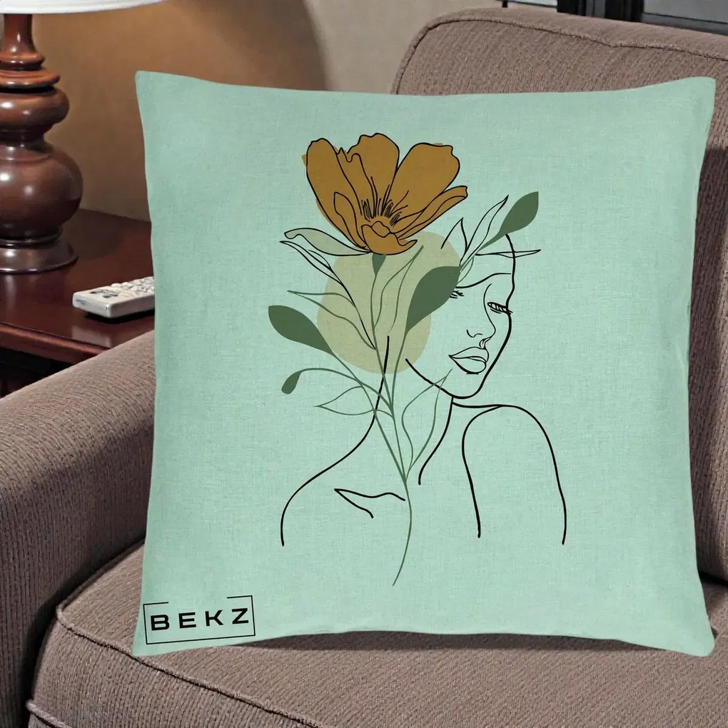 Perna Decorativa Portret Feminin Floare Portocalie, 40x40 cm, Verde Menta, Husa Detasabila, Perna Inclusa, BEKZ®