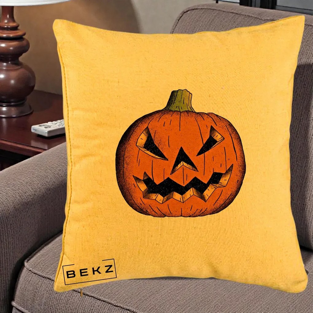 Perna Decorativa Halloween Dovleac Portocaliu Clasic, 40x40 cm, Galben, Husa Detasabila, Perna Inclusa, BEKZ®
