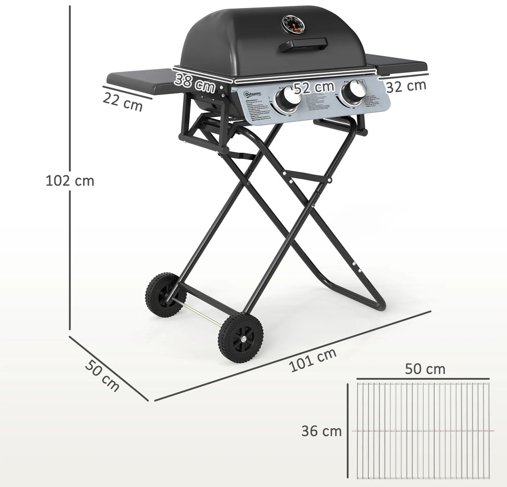Outsunny Barbecue pe Gaz 2 Arzătoare, 2 Rafturi, Capac și Termometru Negru | Aosom Romania