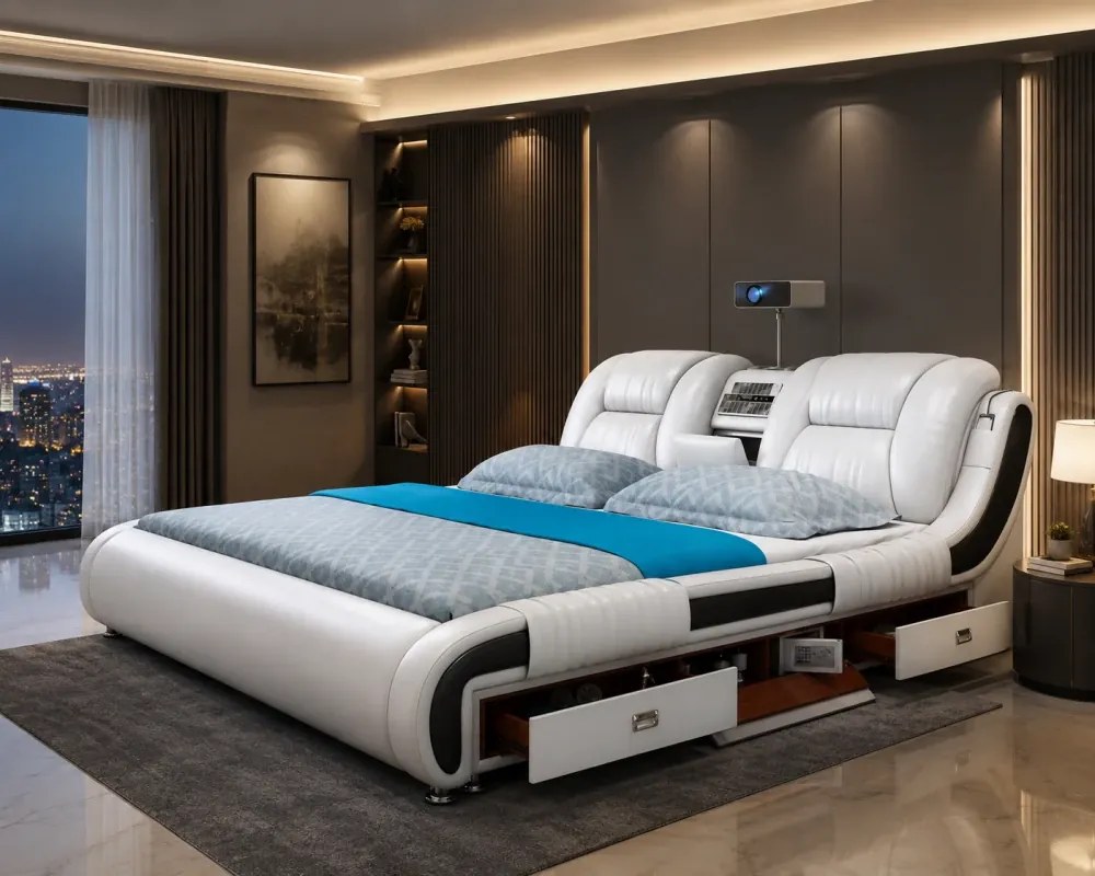 MOB05 Premium 180x200 cm Light Grey Left Drawer – Pat Inteligent Premium cu Proiector, Purificator de Aer, Vibromasaj, Boxe Bluetooth, Seif Integrat și Spații de Depozitare